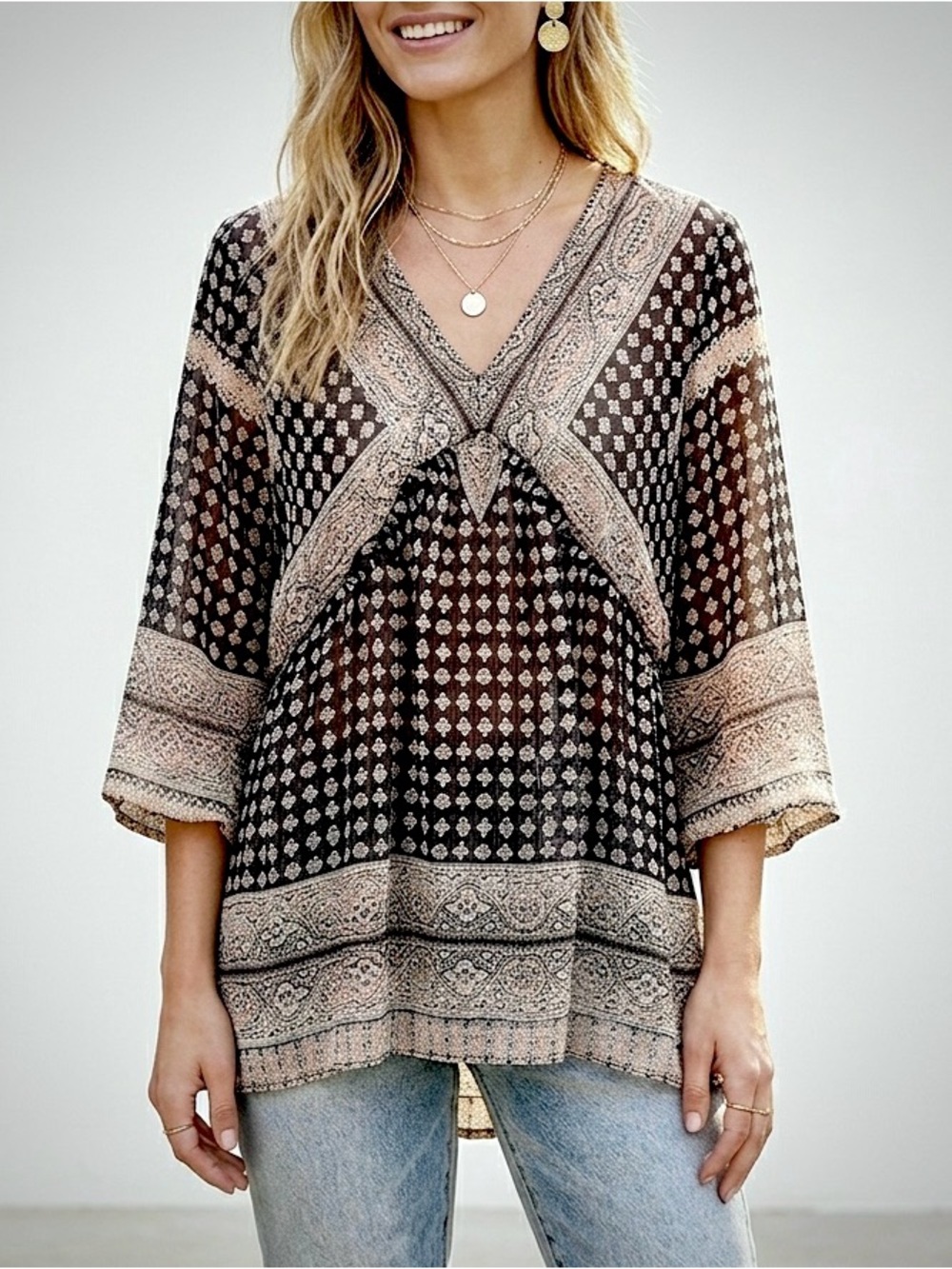 Rose & Olive Boho Mixed Print Semi-Sheer V-Neck Blouse - Size Small